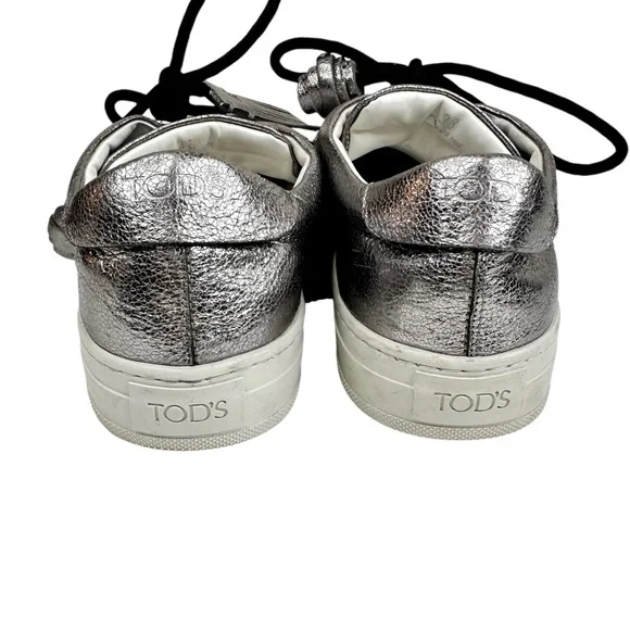 TOD’S Sportivo Metallic Leather Sneakers SZ 38 Fringe Silver Shoes